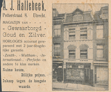 711183 Krantenadvertentie van A.J. Hallebeek, Fabriek van Gouden Ringen en Groothandel in Gouden en Zilveren Werken, ...